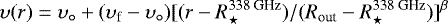 \begin{equation*} \upsilon(r) = \upsilon_{\circ}&#x002B;(\upsilon_{\textrm{f}}-\upsilon_{\circ}) [(r-R^{\textrm{338~GHz}}_{\star})/(R_{\textrm{out}}-R^{\textrm{338~GHz}}_{\star})]^{\beta} \end{equation*}