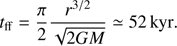 Mathematical equation: $$ \begin{aligned} t_\mathrm{ff} = \frac{\pi }{2}\frac{r^{3/2}}{\sqrt{2GM}} \simeq 52\,\mathrm{kyr}. \end{aligned} $$