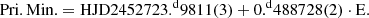 $$ \begin{aligned} {\mathrm{Pri. Min.}} = {{\mathrm{HJD}}} 24 52723.\!^{\mathrm{d}} 9811(3) + 0 .\!^{\mathrm{d}}488728(2) \cdot {{\mathrm{E}}}. \end{aligned} $$