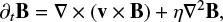 Mathematical equation: $ \begin{equation} \partial_t {\bf B} = \nabla \times ({\bf v} \times {\bf B}) + \eta \nabla^2 {\bf B} , \end{equation} $