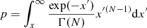 $$ \begin{aligned} p=\int _x^{\infty }\frac{\mathrm{exp}(-x^{\prime })}{\Gamma (N)}x^{{\prime } (N-1)}\mathrm{d}x^{\prime } \end{aligned} $$