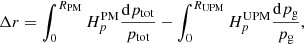 $$ \begin{aligned} \Delta r = \int _0^{R_{\rm PM}} H_p^\mathrm{PM} \frac{\mathrm{d}p_{\rm tot}}{p_{\rm tot}} - \int _0^{R_{\rm UPM}} H_p^\mathrm{UPM} \frac{\mathrm{d}p_{\rm g}}{p_{\rm g}}, \end{aligned} $$