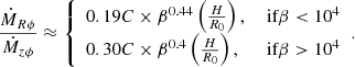 $$ \begin{aligned} \frac{\dot{M}_{R\phi }}{\dot{M}_{z\phi }}\approx {\left\{ \begin{array}{ll}0.19C\times \beta ^{0.44}\left(\frac{H}{R_0}\right),&\text{ if} \beta <10^4 \\ 0.30C\times \beta ^{0.4}\left(\frac{H}{R_0}\right),&\text{ if} \beta >10^4 \end{array}\right.} . \end{aligned} $$