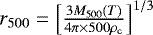 $r_{\mathrm{500}}=\left[\frac{3 M_{\mathrm{500}}(T)}{4\pi\times500\rho_{\mathrm{c}}}\right]^{1/3}$