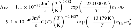 Mathematical equation: $$ \begin{aligned}&\Lambda _{{\mathrm{He} }} = 1.1\times 10^{-32}\frac{{{\mathrm{J m} }}^3}{{{\mathrm{s} }}} \left(\frac{T}{{{\mathrm{K} }}}\right)^{0.082} \!\!\exp \left(-\frac{230\,000\,{\mathrm{K} }}{T}\right)n_{{\mathrm{He} }}n_{\mathrm{e} } \nonumber \\&+ 9.1\times 10^{-46}\frac{{{\mathrm{J m} }}^6}{{{\mathrm{s} }}}C(T) \left(\frac{T}{{{\mathrm{K} }}}\right)^{-0.1687} \!\!\exp \left(-\frac{13\,179\,{\mathrm{K} }}{T}\right) n_{{\mathrm{He} }^+}n^2_{\mathrm{e} } \nonumber \\&\end{aligned} $$