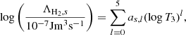Mathematical equation: $$ \begin{aligned} \log \left(\frac{\Lambda _{{\mathrm{H} }_2,s}}{10^{-7}\mathrm{Jm} ^3{\mathrm{s} }^{-1}}\right) = \sum _{l=0}^5 a_{s,l}(\log T_3)^l, \end{aligned} $$