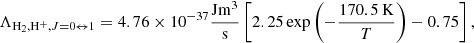 Mathematical equation: $$ \begin{aligned} \Lambda _{{\mathrm{H} }_2,{\mathrm{H} }^+,J=0\leftrightarrow 1}= 4.76\times 10^{-37}\frac{{\mathrm{Jm} }^3}{{{\mathrm{s} }}} \left[2.25\exp \left(-\frac{170.5\,{\mathrm{K} }}{T}\right)-0.75\right], \end{aligned} $$