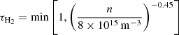 Mathematical equation: $$ \begin{aligned} \tau _{{\mathrm{H} }_2} = \min \left[1,\left(\frac{n}{8\times 10^{15}\,{\mathrm{m} }^{-3}} \right)^{-0.45} \right] \end{aligned} $$