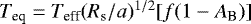 ${T}_{\textrm{eq}} = {T}_{\textrm{eff}}({R}_{\textrm{s}}/{a})^{1/2}[{f}(1-{A}_{\textrm{B}})]$