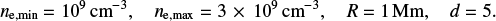 Mathematical equation: $ n_{\rm e,min}=10^9\,{\rm cm}^{-3}, \quad n_{\rm e,max}=3\,\times\,10^9\,{\rm cm}^{-3}, \quad R=1\,{\rm Mm}, \quad d=5. $