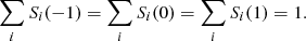 Mathematical equation: $$ \begin{aligned} \sum _iS_i(-1)=\sum _iS_i(0)=\sum _iS_i(1)=1. \end{aligned} $$