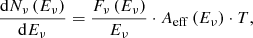 Mathematical equation: $$ \begin{aligned} \dfrac{\mathrm{d}N_\nu \, (E_\nu )}{\mathrm{d}E_\nu } = \dfrac{F_\nu \,(E_\nu )}{E_\nu } \cdot A_{\rm eff}\,(E_\nu ) \cdot T, \end{aligned} $$