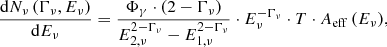 Mathematical equation: $$ \begin{aligned} \dfrac{\mathrm{d}N_{\nu }\,(\Gamma _\nu , E_\nu )}{\mathrm{d} E_\nu } = \dfrac{\Phi _\gamma \cdot (2-\Gamma _\nu )}{E_{2,\nu }^{2-\Gamma _\nu }-E_{1,\nu }^{2-\Gamma _\nu }} \cdot E^{-\Gamma _\nu }_\nu \cdot T \cdot A_{\rm eff}\,(E_\nu ), \end{aligned} $$