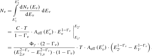 Mathematical equation: $$ \begin{aligned} N_\nu&= \int \limits _{E_1^\prime }^{E_2^\prime } \dfrac{\mathrm{d}N_\nu \, (E_\nu )}{\mathrm{d}E_\nu }~\mathrm{d} E_\nu \nonumber \\&= \left.\dfrac{C\cdot T}{1-\Gamma _\nu }\cdot A_{\rm eff}\,(E_\nu ^\prime )\cdot E_\nu ^{1-\Gamma _\nu } ~ \right|_{E_{1^\prime }}^{E_{2^\prime }}\nonumber \\&= \dfrac{\Phi _\gamma \cdot (2-\Gamma _\nu )}{(E_{2,\nu }^{2-\Gamma _\nu }-E_{1,\nu }^{2-\Gamma _\nu })\cdot (1-\Gamma _\nu )} \cdot T \cdot A_{\rm eff}\,(E^\prime _\nu ) \cdot \left(E_{2^\prime }^{1-\Gamma _\nu }-E_{1^\prime }^{1-\Gamma _\nu }\right). \end{aligned} $$