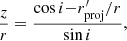 Mathematical equation: $$ \begin{aligned} {z\over r} = {\cos i{-}r^\prime _{\rm proj}/r\over \sin i}, \end{aligned} $$