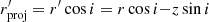 Mathematical equation: $ r^\prime_{\rm proj} = r^\prime\cos i = r \cos i{-}z\sin i $