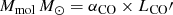 Mathematical equation: $ M_{\mathrm{mol}}\,M_{\odot} = \alpha_{\mathrm{CO}} \times L_{\mathrm{CO}}\prime $