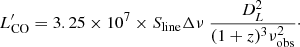 Mathematical equation: $$ \begin{aligned} L^{\prime }_{\rm CO}= 3.25 \times 10^{7} \times S_{\rm line}\Delta \nu ~\frac{D_{L}^{2}}{(1+z)^{3}\nu _{\rm obs}^{2}}\cdot \end{aligned} $$