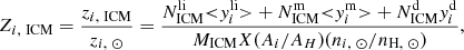 Mathematical equation: $$ \begin{aligned} Z_{i,\ \mathrm{ICM}}=\frac{z_{i,\ \mathrm{ICM}}}{z_{i,\ \odot }}=\frac{N_{\rm ICM}^\mathrm{li} {<}{ y}_i^\mathrm{li}{>} + N_{\rm ICM}^\mathrm{m} {<}{ y}_i^\mathrm{m}{>}+N_{\rm ICM}^\mathrm{d}{ y}_i^\mathrm{d}}{M_{\rm ICM} X (A_i/A_H) (n_{i,\ \odot }/n_{\rm H,\ \odot })}, \end{aligned} $$