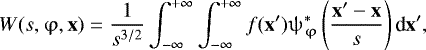 Mathematical equation: \begin{equation*} W(s,\mathrm{\varphi},\textbf{x}) = {1 \over {s^{3/2}}}\int_{-\infty}^{+\infty} \int_{-\infty}^{+\infty} f(\textbf{x}') \mathrm{\psi}_{\mathrm{\varphi}}^* \left( {{\textbf{x}'-\textbf{x}}\over s}\right) \textrm{d} \textbf{x}',\end{equation*}