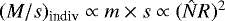 Mathematical equation: $(M/s)_{\textrm{indiv}} \propto m\times s \propto (\hat{N} R)^2$