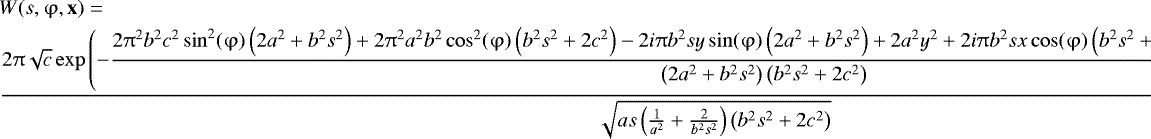Mathematical equation: \begin{eqnarray*} && W(s,\mathrm{\varphi},\textbf{x})=\nonumber\\ && \displaystyle\frac{2 \mathrm{\pi} \sqrt{c} \exp \left(-\displaystyle\frac{2 \mathrm{\pi} ^2 b^2 c^2 \sin ^2(\mathrm{\varphi}) \left(2 a^2+b^2 s^2\right)+2 \mathrm{\pi} ^2 a^2 b^2 \cos ^2(\mathrm{\varphi}) \left(b^2 s^2+2 c^2\right)-2 i \mathrm{\pi} b^2 s y \sin (\mathrm{\varphi}) \left(2 a^2+b^2 s^2\right)+2 a^2 y^2+2 i \mathrm{\pi} b^2 s x \cos (\mathrm{\varphi}) \left(b^2 s^2+2 c^2\right)+b^2 s^2 x^2+b^2 s^2 y^2+2 c^2 x^2}{\left(2 a^2+b^2 s^2\right) \left(b^2 s^2+2 c^2\right)}\right)}{\sqrt{a s \left(\frac{1}{a^2}+\frac{2}{b^2 s^2}\right) \left(b^2 s^2+2 c^2\right)}}, \end{eqnarray*}