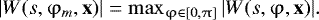 Mathematical equation: $|W(s,\mathrm{\varphi}_m,\textbf{x})| =\max_{\mathrm{\varphi}\in[0,\mathrm{\pi}]}{|W(s,\mathrm{\varphi},\textbf{x})|}.$