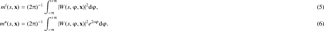 Mathematical equation: \begin{eqnarray}m^i(s,\textbf{x}) &=& (2\mathrm{\pi})^{-1} \int_{-\mathrm{\pi}}^{+\mathrm{\pi}} |W(s,\mathrm{\varphi},\textbf{x})|^2 \textrm{d} \mathrm{\varphi}, \\ m^a(s,\textbf{x}) &=& (2\mathrm{\pi})^{-1} \int_{-\mathrm{\pi}}^{+\mathrm{\pi}} |W(s,\mathrm{\varphi},\textbf{x})|^2 e^{ 2 \imath \mathrm{\varphi}}\textrm{d} \mathrm{\varphi}.\end{eqnarray}
