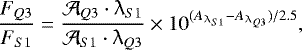 Mathematical equation: \begin{equation*} \frac{F_{Q3}}{F_{S1}}=\frac{ \mathcal{A}_{Q3} \cdot \lambda_{S1}}{ \mathcal{A}_{S1} \cdot \lambda_{Q3}}\times 10^{(A_{\lambda_{S1}}-A_{\lambda_{Q3}})/2.5}, \end{equation*}