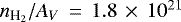 Mathematical equation: $n_{\textrm{H}_{2}} /A_V\,=\,1.8\,\times\,10^{21}$