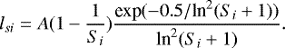 Mathematical equation: \begin{equation*} l_{si} = A(1 - \frac{1}{S_i}) \frac{\textrm{exp}(-0.5/\textrm{ln}^2(S_i+1))}{\textrm{ln}^2(S_i+1)}.\end{equation*}