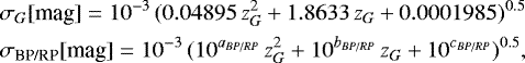 Mathematical equation: \begin{align*} &\sigma_G [\textrm{mag}] = 10^{-3}\, (0.04895\, z_G^2 + 1.8633\,z_G + 0.0001985)^{0.5} \nonumber \\ &\sigma_{\textrm{BP/RP}} [\textrm{mag}] = 10^{-3}\,(10^{a_{BP/RP}}\,z_G^2 + 10^{b_{BP/RP}}\,z_G + 10^{c_{BP/RP}})^{0.5} \nonumber, \\ \end{align*}