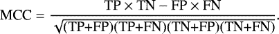 Mathematical equation: \begin{equation*} \textrm{MCC} = \frac{\textrm{TP} \times {\textrm{TN}} - \textrm{FP} \times {\textrm{FN}}}{\sqrt{\textrm{(TP+FP)(TP+FN)(TN+FP)(TN+FN)}}}.\end{equation*}