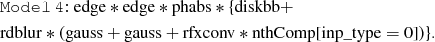 Mathematical equation: $$ \begin{aligned}&\mathtt{Model\,4{:}}\;{\mathrm{edge}} *{\mathrm{edge}} *{\mathrm{phabs}} *\{ {\mathrm{diskbb}} + \\&{\mathrm{rdblur}} *({\mathrm{gauss}} + {\mathrm{gauss}} + {\mathrm{rfxconv}} *{\mathrm{nthComp}}[{\mathrm{inp}}\_{\mathrm{type}}=0])\}. \end{aligned} $$