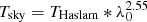 Mathematical equation: $ {T_{{\rm{sky}}}} = {T_{{\rm{Haslam}}}}*\lambda _0^{2.55} $