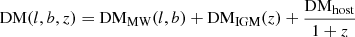 Mathematical equation: $$ \begin{aligned} \mathrm{{DM}}(l,b,{z})&= \mathrm{{DM}}_{\rm {MW}}({l},{b})+\mathrm{{DM}}_{\rm {IGM}}({z})+\frac{\mathrm{{DM}}_{\rm {host}}}{1+{z}}\end{aligned} $$