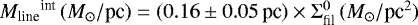 Mathematical equation: ${M_{\textrm{line}}}^{\textrm{int}}\, (M_{\odot}/\textrm{pc}) = (0.16\pm0.05\, \textrm{pc}) \times \Sigma_{\textrm{fil}}^0 \, (M_{\odot} /\textrm{pc}^2) $