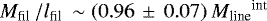 Mathematical equation: $M_{\textrm{fil }}/l_{\textrm{fil }}\sim(0.96\,\pm\,0.07)\,{M_{\textrm{line}}}^{\textrm{int}}$