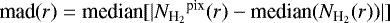Mathematical equation: $\textrm{mad}(r)=\textrm{median}[|{N_{\textrm{H}_{2}}}^{\textrm{pix}}(r)-\textrm{median}({N_{\textrm{H}_{2}}}(r))|]$