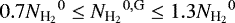 Mathematical equation: $0.7{N_{\textrm{H}_{2}}}^{0} \le{N_{\textrm{H}_{2}}}^{0,\textrm{G}}\le1.3{N_{\textrm{H}_{2}}}^{0}$