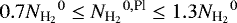 Mathematical equation: $0.7{N_{\textrm{H}_{2}}}^{0}\le{N_{\textrm{H}_{2}}}^{0,\textrm{Pl}}\le1.3{N_{\textrm{H}_{2}}}^{0}$