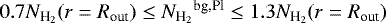 Mathematical equation: $0.7{N_{\textrm{H}_{2}}}(r={R_{\textrm{out}}})\le{N_{\textrm{H}_{2}}}^{\textrm{bg,Pl}}\le1.3{N_{\textrm{H}_{2}}}(r={R_{\textrm{out}}})$