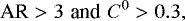 Mathematical equation: \begin{equation*} \textrm{AR}>3 \,\,\textrm{and} \,\, C^0>0.3, \end{equation*}