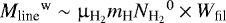 Mathematical equation: ${M_{\textrm{line}}}^{\textrm{w}}\sim \upmu_{\textrm{H}_2}m_{\textrm{H}} {N_{\textrm{H}_{2}}}^0 \times W_{\textrm{fil}}$