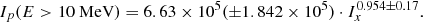 Mathematical equation: $$ \begin{aligned} I_p(E > 10~\mathrm{MeV} ) = 6.63\times 10^5(\pm 1.842\times 10^5) \cdot I_x^{0.954\pm 0.17}. \end{aligned} $$