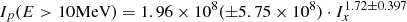 Mathematical equation: $ {I_p}(E > 10{\mkern 1mu} {\rm{MeV}}) = 1.96 \times {10^8}( \pm 5.75 \times {10^8}) \cdot I_x^{1.72 \pm 0.397} $