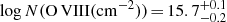 Mathematical equation: $ \log{N({\mathrm{O}\,\textsc{VIII}}(\mathrm{cm}^{-2}))}\,{=}\,15.7^{+0.1}_{-0.2} $
