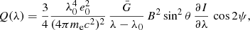 Mathematical equation: $$ \begin{aligned} Q(\lambda )&=\frac{3}{4} \frac{\lambda _0^4\,e_0^2}{(4 \pi m_{\rm e} c^2)^2} \,\dfrac{\bar{G}}{\lambda -\lambda _0} \,B^2 \sin ^2 \theta \, \dfrac{\partial I}{\partial \lambda } \, \cos 2 \psi , \end{aligned} $$
