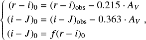 Mathematical equation: $ \begin{equation} \label{eqn:riJSPSUNDSCRAvSPSUNDSCReq} \left\{ \begin{aligned} (r-i)_0 &= (r-i)_{\rm obs} - 0.215 \cdot A_V \\ (i-J)_0 &= (i-J)_{\rm obs} - 0.363 \cdot A_V \\ (i-J)_0 &= f(r-i)_0 \end{aligned} \right. ,\end{equation} $