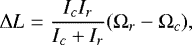 Mathematical equation: \begin{equation*} \Delta L = \dfrac{I_c I_r}{I_c + I_r} (\Omega_r - \Omega_c),\end{equation*}
